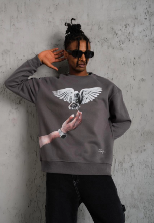 Erkek Güvercin Baskılı üç iplik pamuklu  Sweatshirt - Gri