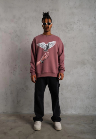 Erkek Güvercin Baskılı Sweatshirt üç iplik pamuklu  - Gül Kurusu