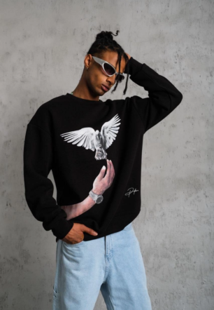 Erkek Güvercin Baskılı üç iplik pamuklu Sweatshirt - Siyah