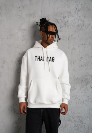 Erkek Kanguru Cep Baskılı Kapüşonlu  üç iplik pamuklu Sweatshirt - Beyaz