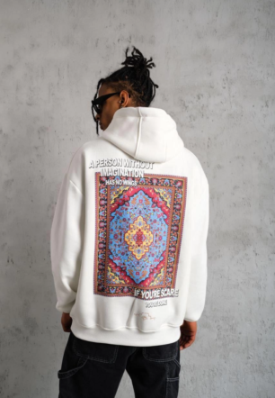 Erkek Kilim Desen üç iplik pamuklu  Kapüşonlu Sweat - Beyaz