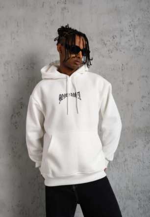 Erkek Kordon İpli Baskılı Kapüşonlu Sweatshirt - Beyaz