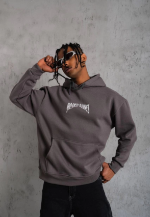 Erkek Kordon İpli Baskılı Kapüşonlu üç iplik pamuklu Sweatshirt - Füme