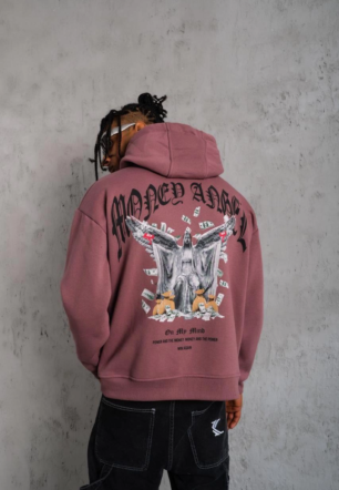 Erkek Kordon İpli Baskılı Kapüşonlu üç iplik pamuklu Sweatshirt - Gül Kurusu