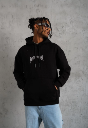 Erkek Kordon İpli Baskılı Kapüşonlu üç iplik pamuklu Sweatshirt - Siyah
