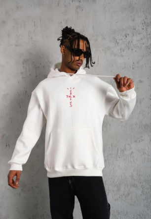 Erkek Kordonlu Arka Maske Kordon Saçlı Kapüşonlu sweatshirt - Beyaz