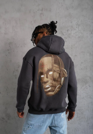 Erkek Kordonlu Arka Maske Kordon Saçlı üç iplik pamuklu Kapüşonlu sweatshirt - Füme