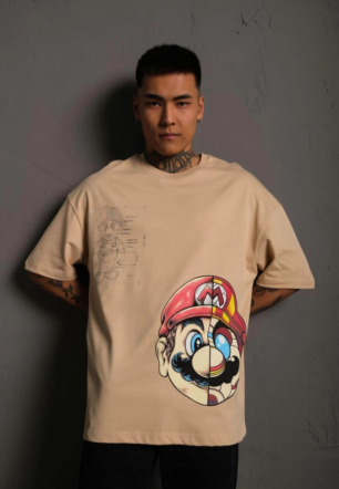 Erkek Mario Baskılı T-Shirt Oversize Kısa kol Bisiklet yaka tişort - Bej