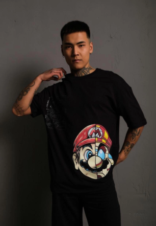 Erkek Mario Baskılı T-Shirt Oversize Kısa kol Bisiklet yaka tişort - Siyah