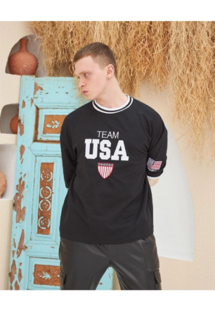 Erkek Nakış İşlemeli Ribanalı  Kısa kol Oversize T-shirt - Siyah