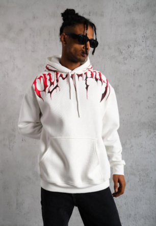 Erkek Ön ve Arka Baskılı Kapüşonlu 3 İplik Sweatshirt - Beyaz