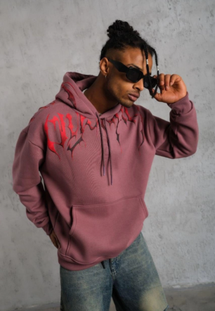 Erkek Ön ve Arka Baskılı Kapüşonlu 3 İplik Sweatshirt - Gül Kurusu