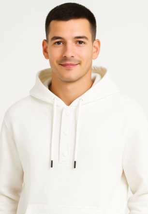 Erkek Ovarsize Kapüşonlu Swetshirt Kanguru Çepli Cıtcıtlı 3 iplik Şardonlu Hoodie - Beyaz