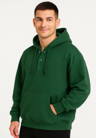 Erkek Ovarsize Kapüşonlu Swetshirt Kanguru Çepli Cıtcıtlı 3 iplik Şardonlu - Haki