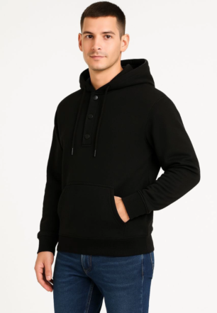 Erkek Ovarsize Kapüşonlu Swetshirt Kanguru Çepli Cıtcıtlı 3 iplik Şardonlu Hoodie - Siyah