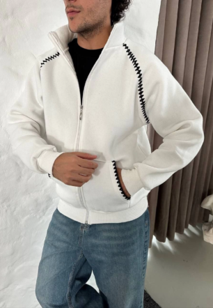 Erkek Oversize Dik Yaka Fermuarlı Sweatshirt - Zincir Nakışli Kanguru Cepli - Beyaz