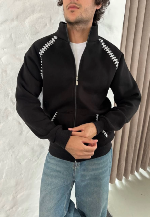 Erkek Oversize Dik Yaka Fermuarlı Sweatshirt - Zincir Nakışli Kanguru Cepli - Siyah