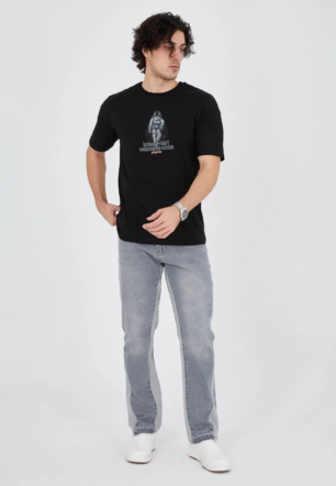 Erkek Baskılı T-Shirt Kısa Kol Bisiklet Yaka Regular Fit Rahat Kalıp Günlük Tişört - Siyah