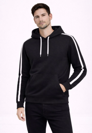 Erkek Şeritli Kapüşonlu Sweatshirt Oversize 3 iplik Pamuklu - Siyah