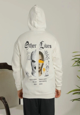 Erkek Kapşonlu Sweatshirt Oversize Üç İplik Şardonlu Other Lives Ön Arka Baskılı - Beyaz