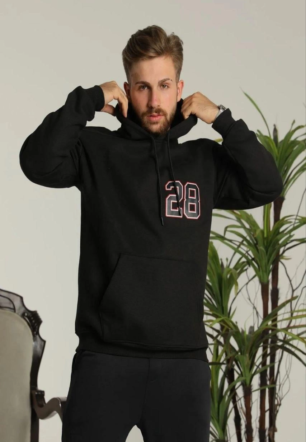 Erkek Oversize Üç İplik Kapüşonlu Sweatshirt –Sırt ve Ön Baskılı Kanguru Cepli - Siyah