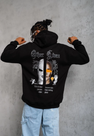 Erkek Kapşonlu Sweatshirt Oversize Üç İplik Pamuklu- Siyah