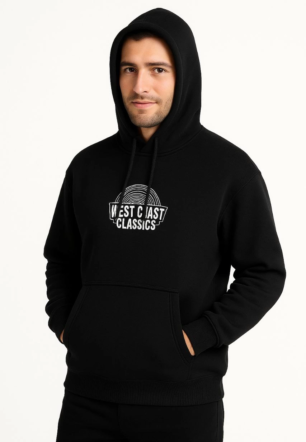Erkek Kapşonlu Sweatshirt Oversize Üç İplik Şardonlu West Coast Classics Ön Arka - Siyah