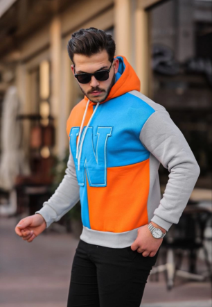 Erkek W Nakış İşlemeli Kapüşonlu üç iplik pamuklu  Sweatshirt - Mavi