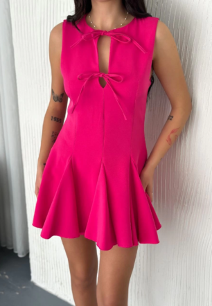 Kadın Göğüs Bağlamalı Kolsuz Mini Boy Elbise - Pembe