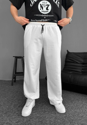 Erkek İki İplik Kumaş Beli Lastikli Yan Flota Cepli Baggy Alt Esofman pantalon - Beyaz