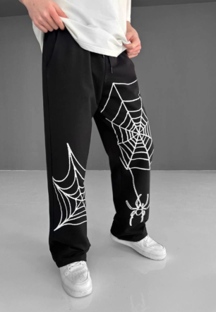 Erkek İki İplik Kumaş Örümcek Baskılı Esofman pantalon - Siyah