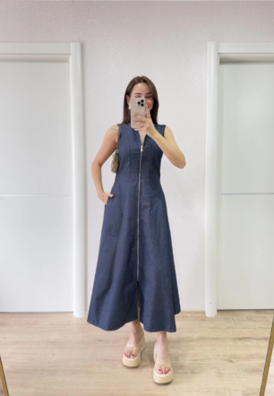 Kadın Jeans Kot Önü Tam Fermuarlı  Uzun Elbise - Mavi