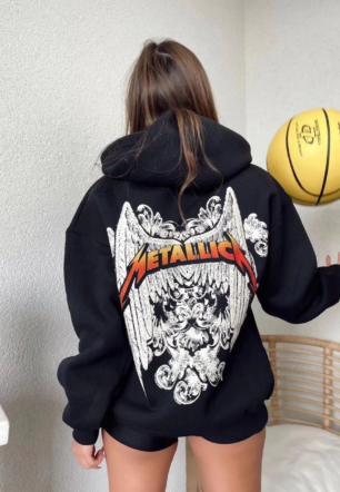 Kadın Baskılı Kapüşonlu Sweat - Siyah