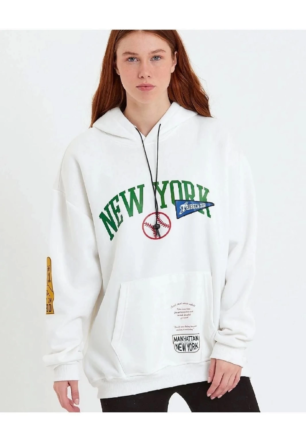 Kadın Baskılı Kapüşonlu  üç iplik pamuklu Sweatshirt - Beyaz