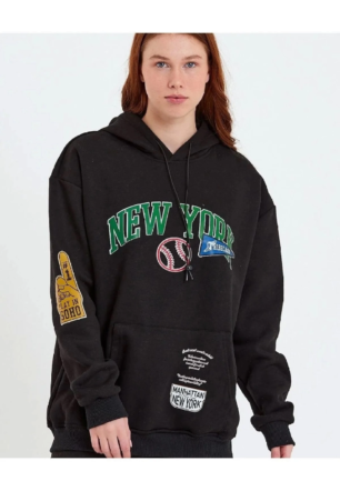 Kadın Baskılı Kapüşonlu  üç iplik pamuklu Sweatshirt - Siyah