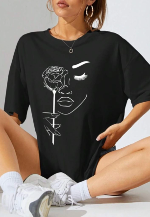 Kadın Baskılı Kısa kol  Oversize T-shirt - Siyah