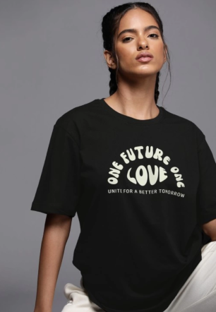 Kadın Baskılı Oversize Kısa kol  T-shirt - Siyah