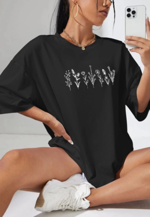 Kadın Baskılı Oversize Kısa kol  T-shirt - Siyah