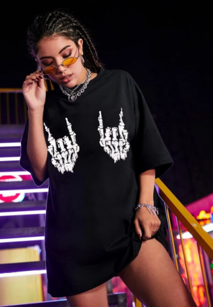 Kadın Baskılı Oversize Kısa kol  T-shirt - Siyah