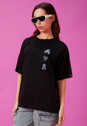 Kadın Baskılı Oversize Kısa kol  T-shirt - Siyah
