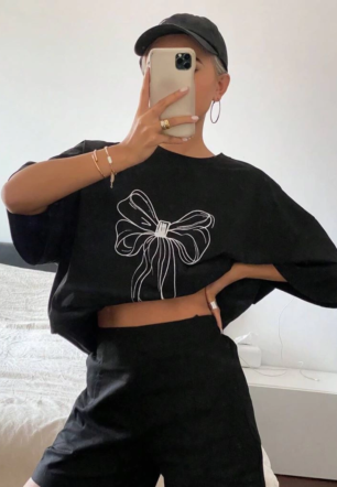 Kadın Baskılı Kısa kol Oversize T-shirt - Siyah