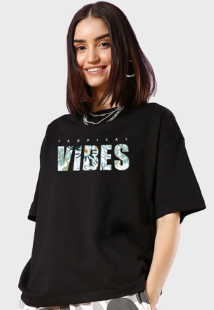Kadın Baskılı Oversize Kısa kol T-shirt - Siyah