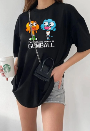 Kadın Bisiklet Yaka Baskılı Oversize T-Shirt - Siyah