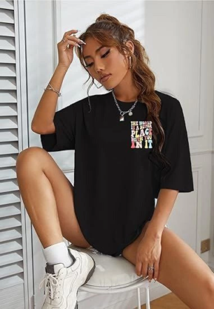 Kadın Bisiklet Yaka Baskılı T-shirt - Siyah