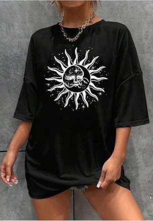 Kadın Bisiklet Yaka Baskılı T-shirt - Siyah