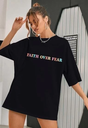 Kadın Bisiklet Yaka Baskılı T-shirt - Siyah