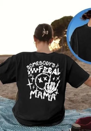 Kadın Bisiklet Yaka Baskılı T-shirt - Siyah