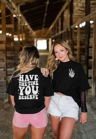 Kadın Bisiklet Yaka Kısa Kol Baskılı T-shirt - Siyah