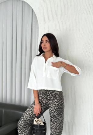 Krep Kadın Crop Yakalı Gömlek İlik Düğmeli Üç Çeyrek Sleeve Kol - Beyaz