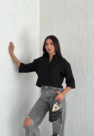 Z Krep Kadın Crop Yakalı Gömlek İlik Düğmeli Üç Çeyrek Sleeve Kol - Siyah